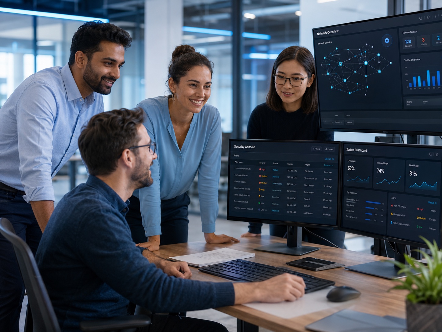 Cloudeli managed IT services team monitoring cloud, network and security dashboards